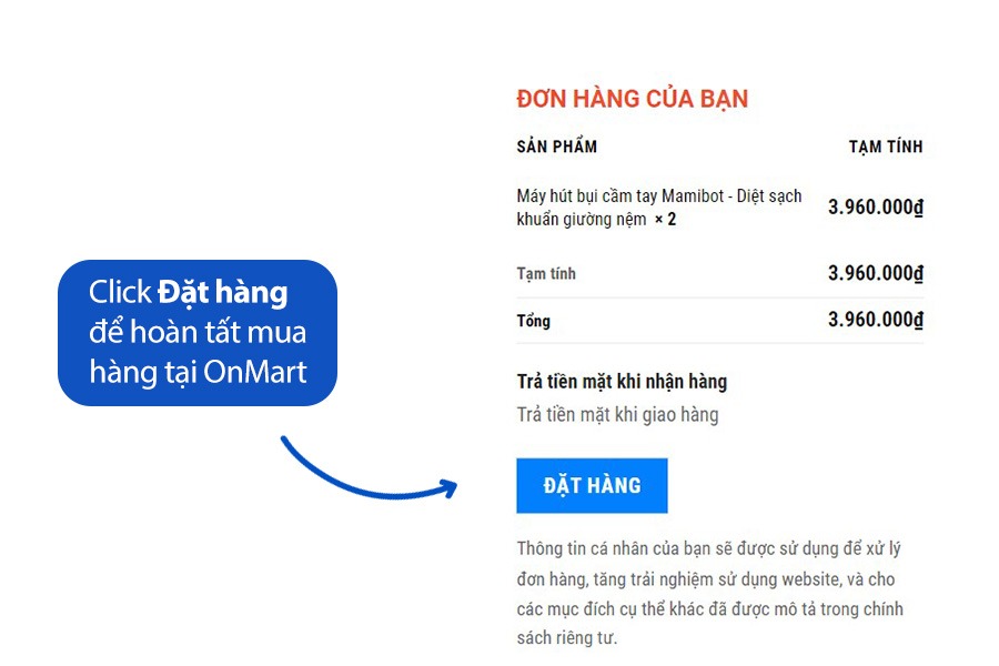 Click đặt hàng để hoàn tất