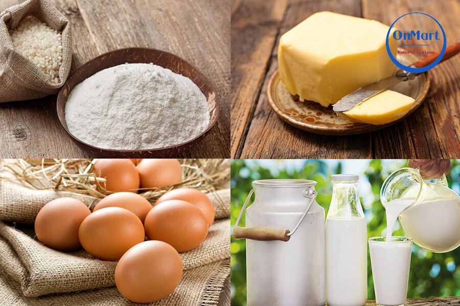 Nguyên liệu làm bánh bột gạo với trứng gà Nguyên liệu làm bánh bột gạo với trứng gà